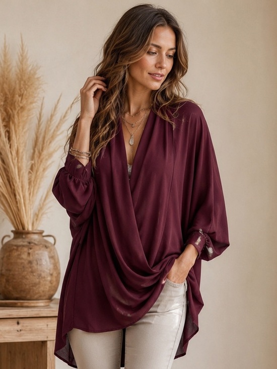 Cato Tops - Cato Burgundy Oversized Draped Cowl Neck Boho Tunic Blouse M/L